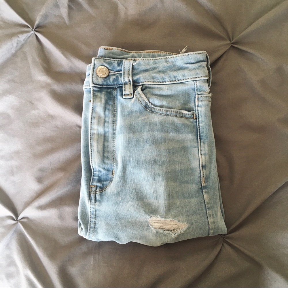 high rise ae light wash distressed jeans